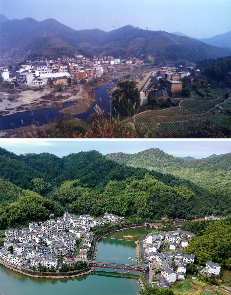 圖為浙江省杭州市淳安縣楓樹嶺鎮(zhèn)下姜村拼版圖，其中上圖為資料照片、下圖由新華社記者張鋮攝。